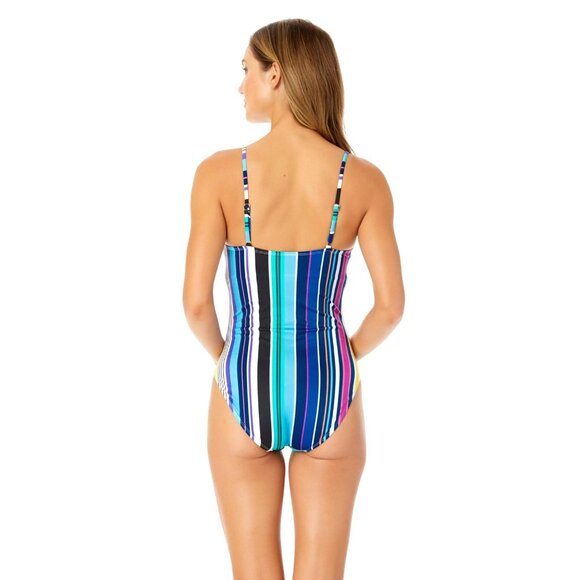 Anne Cole Womens Vintage Scoop Neck One Piece Swimsuit Barcode Stripe Blue 14 - Picture 6 of 6